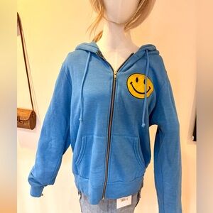 Aviator Nation Blue Zip Hoodie with Yellow Smiley Patch